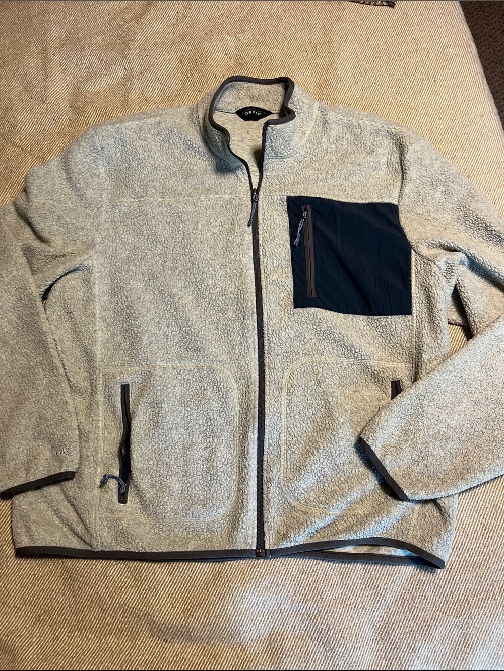 Orvis Heather Gray Sherpa Zip-Up Jacket with Navy Chest Pocket
